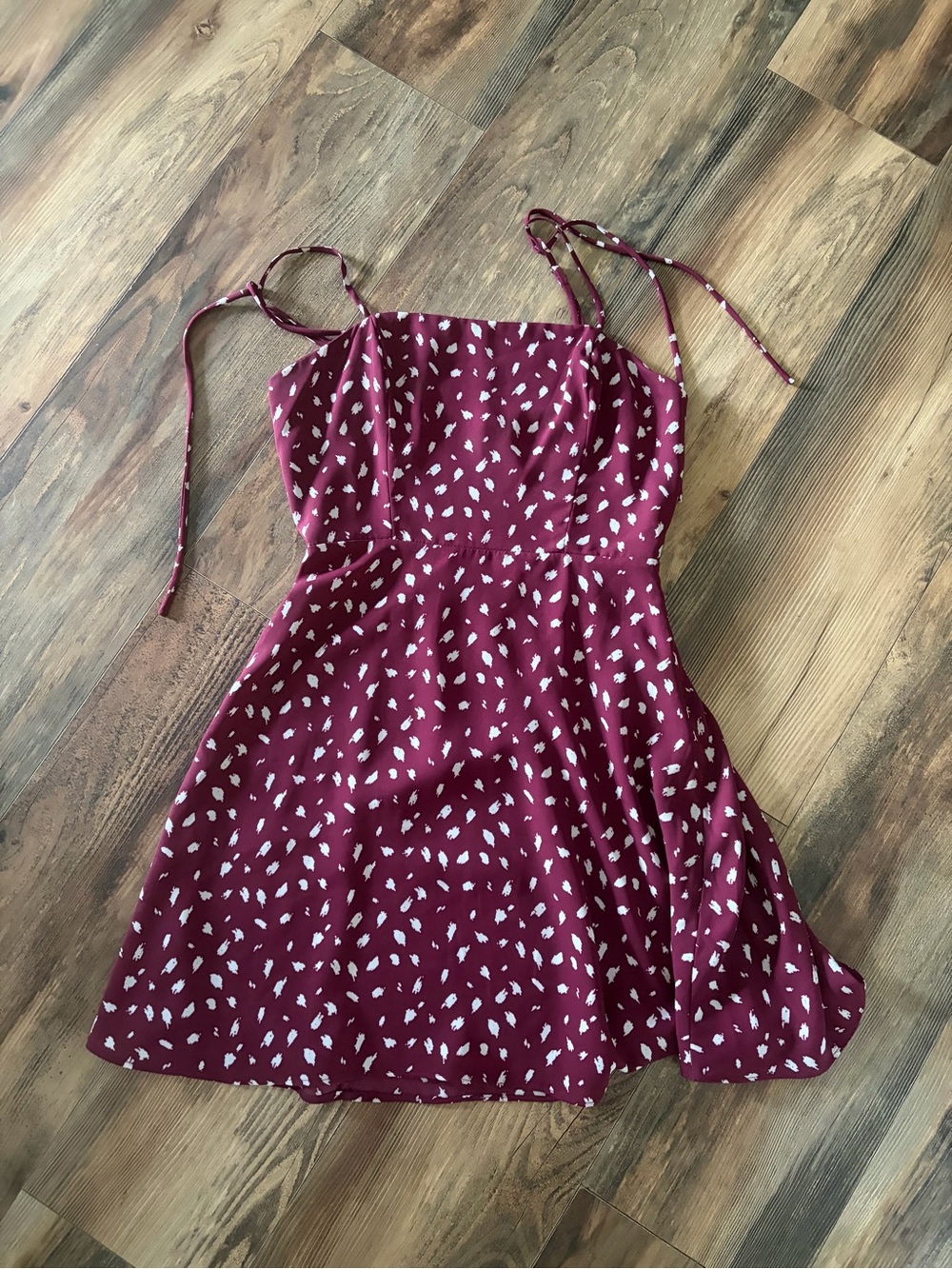 Spotted Burgundy Tie-Shoulder Mini Dress